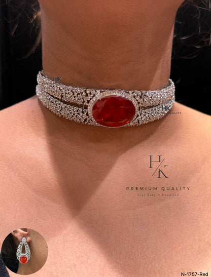 American Diamond Choker Necklace Set | Indian Bridal Wedding Jewelry (Green, Blue, Red)