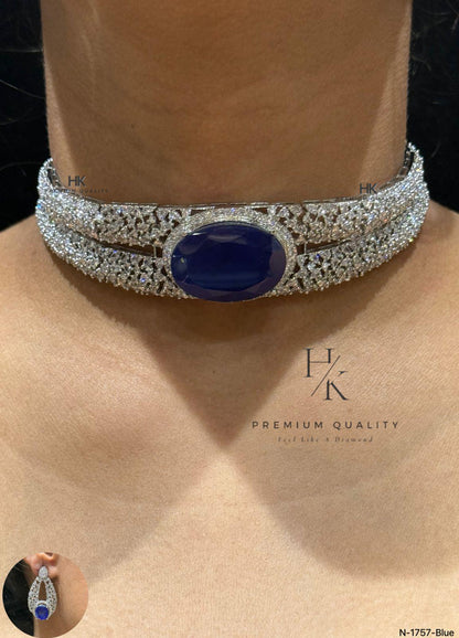 American Diamond Choker Necklace Set | Indian Bridal Wedding Jewelry (Green, Blue, Red)
