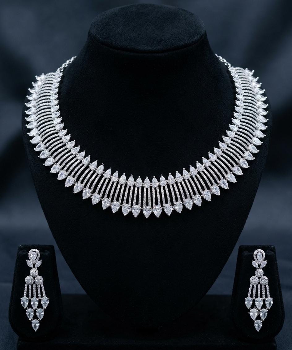 American Diamond CZ Necklace Set | Bridal Statement Jewelry (Pear-Shaped Accents)