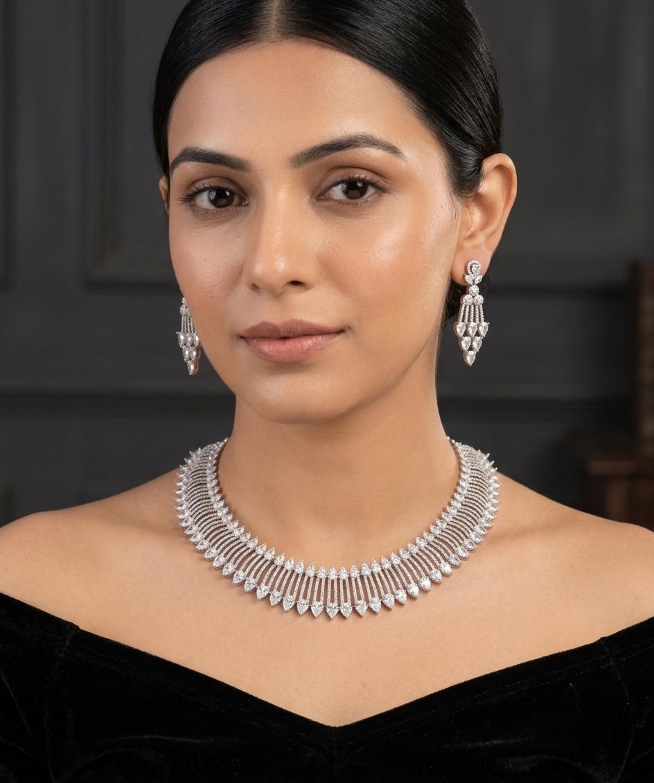 American Diamond CZ Necklace Set | Bridal Statement Jewelry (Pear-Shaped Accents)