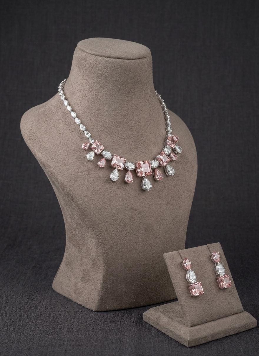 Pink Red Crystal Necklace Set | Indian Wedding Jewelry, Bridal Statement (Set Includes Earrings)