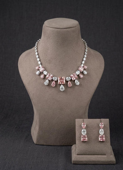 Pink Red Crystal Necklace Set | Indian Wedding Jewelry, Bridal Statement (Set Includes Earrings)