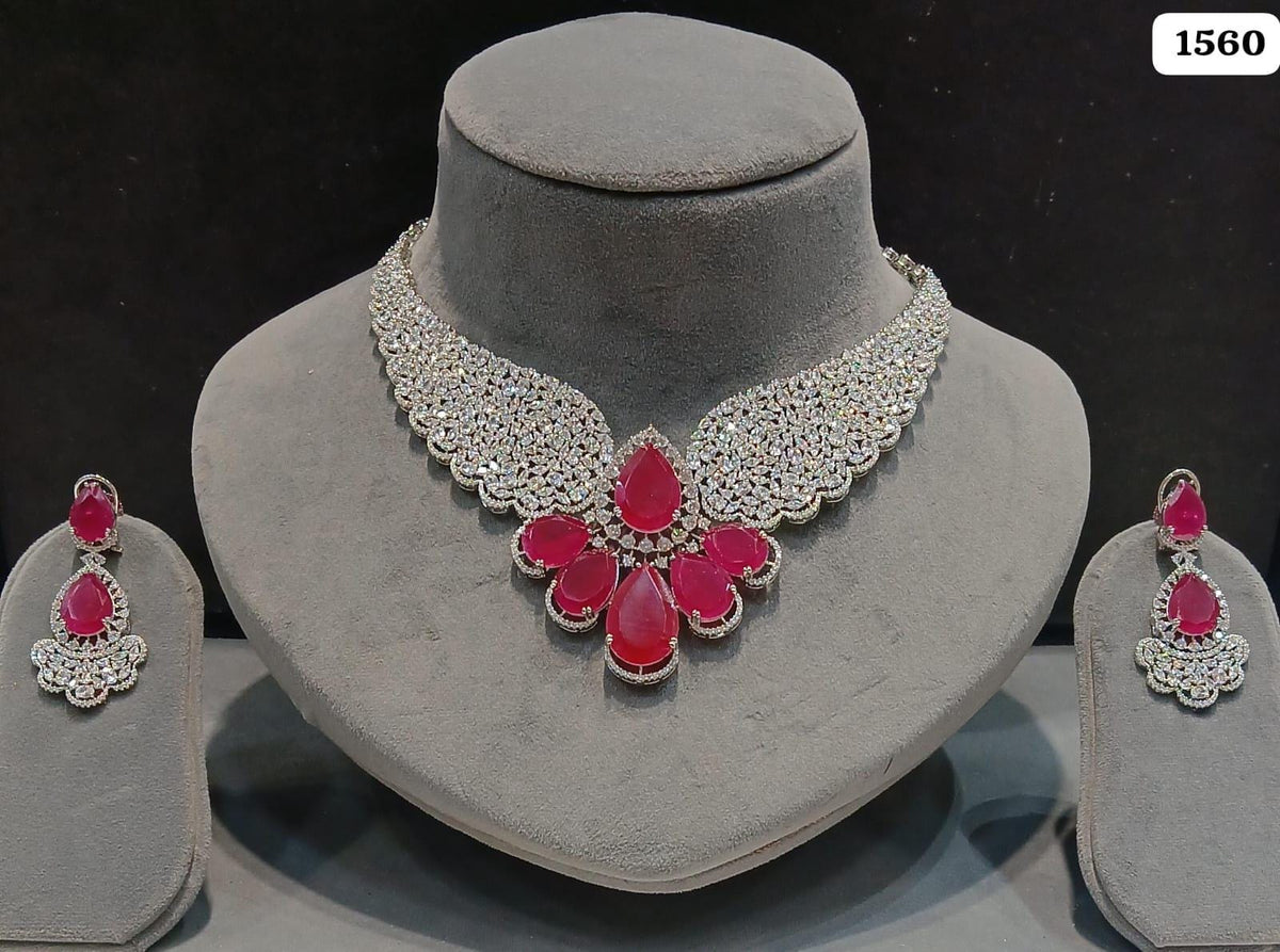 American Diamond Necklace Set with Earrings | Indian Bridal Jewelry, Green Teardrop Stones