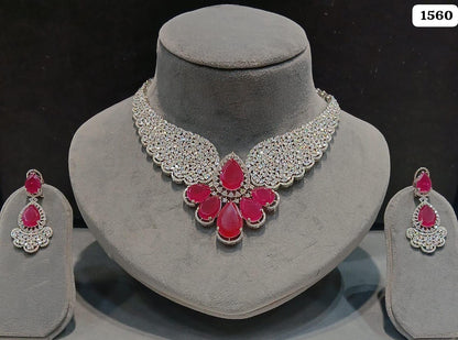 American Diamond Necklace Set with Earrings | Indian Bridal Jewelry, Green Teardrop Stones