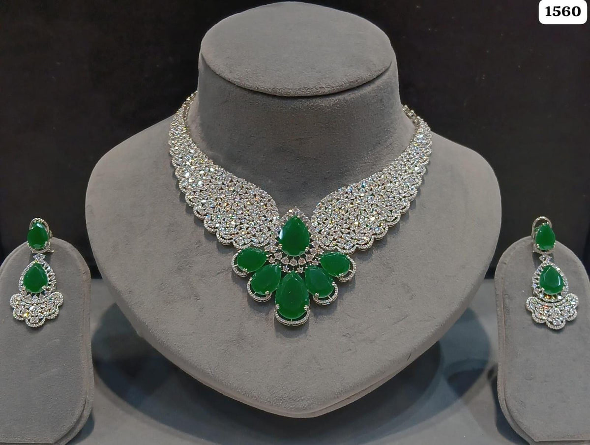 American Diamond Necklace Set with Earrings | Indian Bridal Jewelry, Green Teardrop Stones