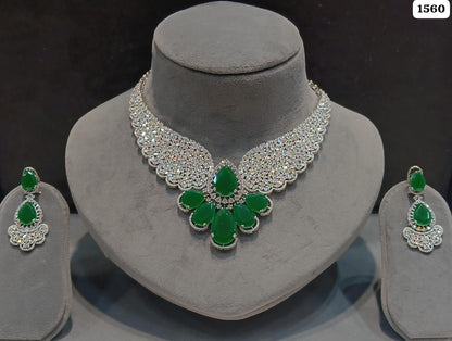 American Diamond Necklace Set with Earrings | Indian Bridal Jewelry, Green Teardrop Stones