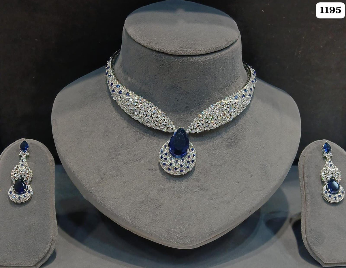 American Diamond Teardrop Necklace Set | Indian Bridal Jewelry, Statement Choker (Matching Earrings)