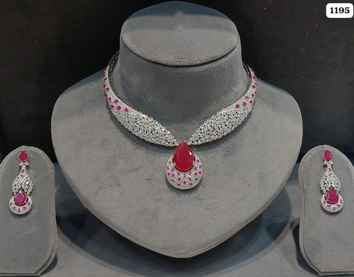 American Diamond Teardrop Necklace Set | Indian Bridal Jewelry, Statement Choker (Matching Earrings)