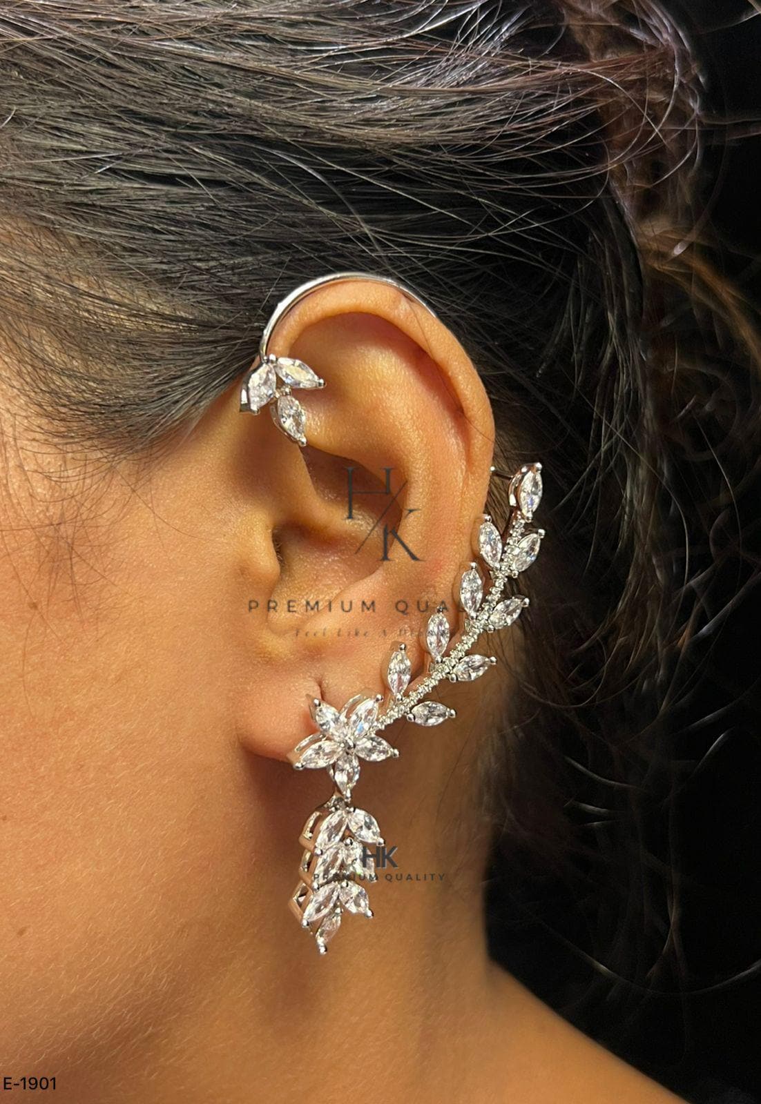 American Diamond Leaf Ear Cuff Earrings | Bridal Floral Drop Jewelry