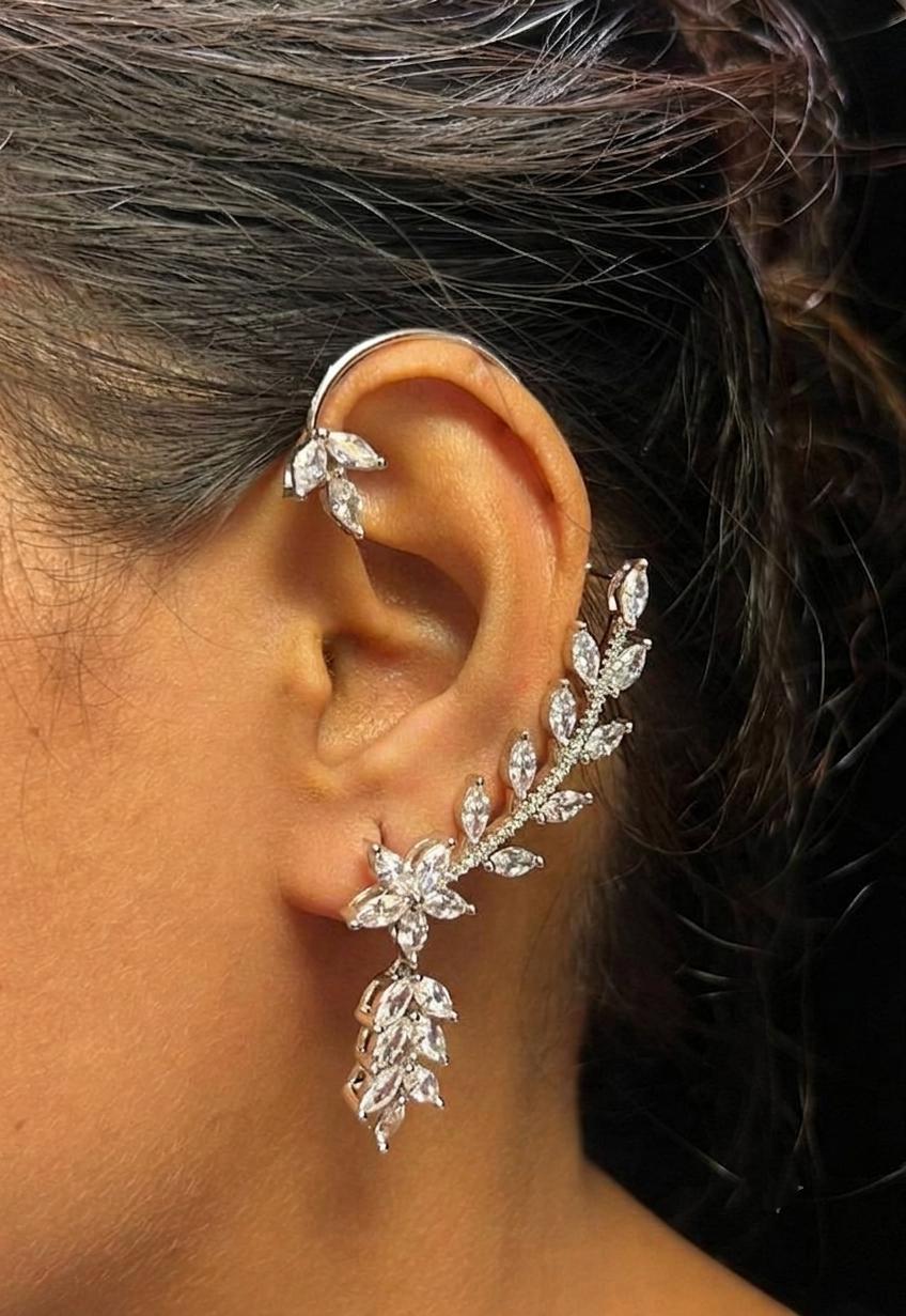 American Diamond Leaf Ear Cuff Earrings | Bridal Floral Drop Jewelry
