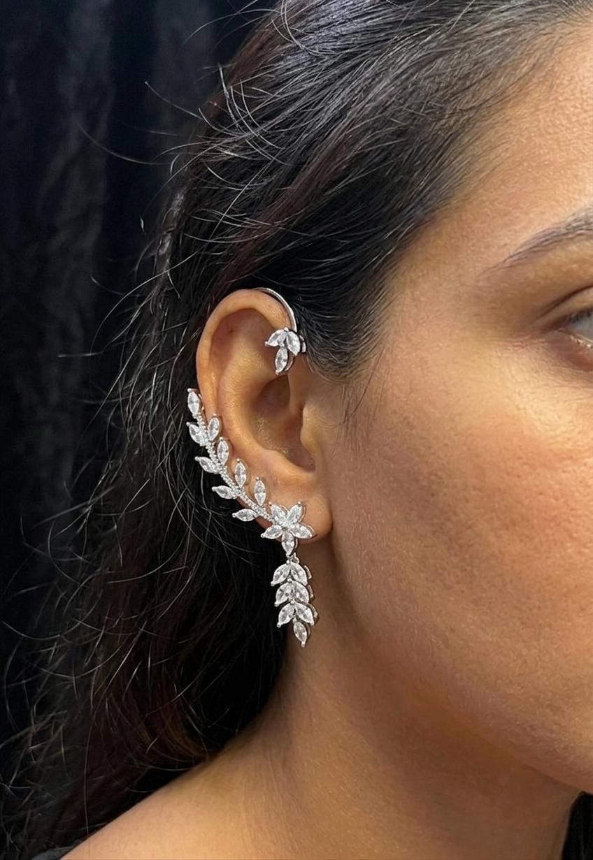American Diamond Leaf Ear Cuff Earrings | Bridal Floral Drop Jewelry