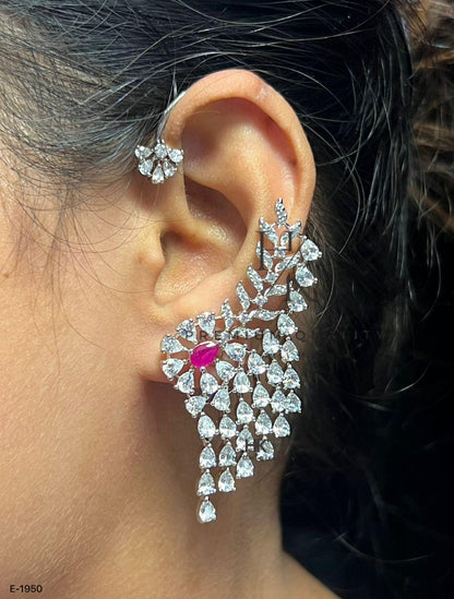 American Diamond CZ Statement Earrings | Pink Center, Cascading Floral Design