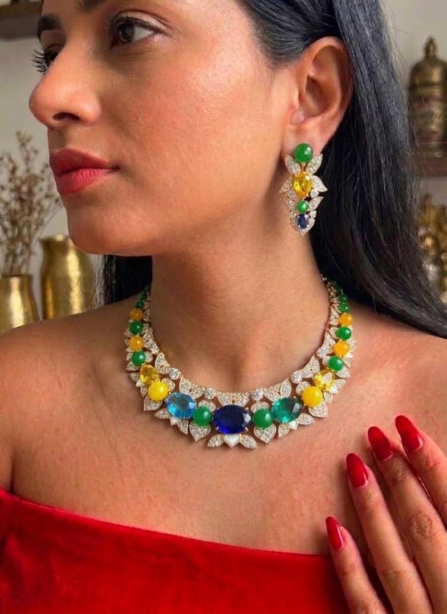 Multicolor CZ Necklace & Earrings Set | Indian Wedding Jewelry, Statement Party Wear