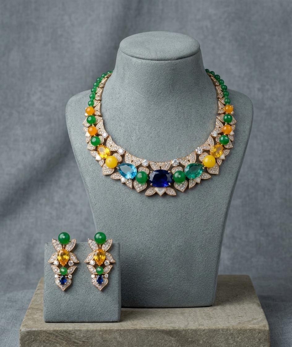 Multicolor CZ Necklace & Earrings Set | Indian Wedding Jewelry, Statement Party Wear