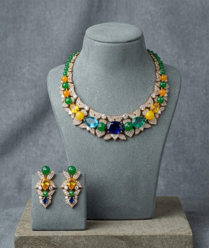 Multicolor CZ Necklace & Earrings Set | Indian Wedding Jewelry, Statement Party Wear