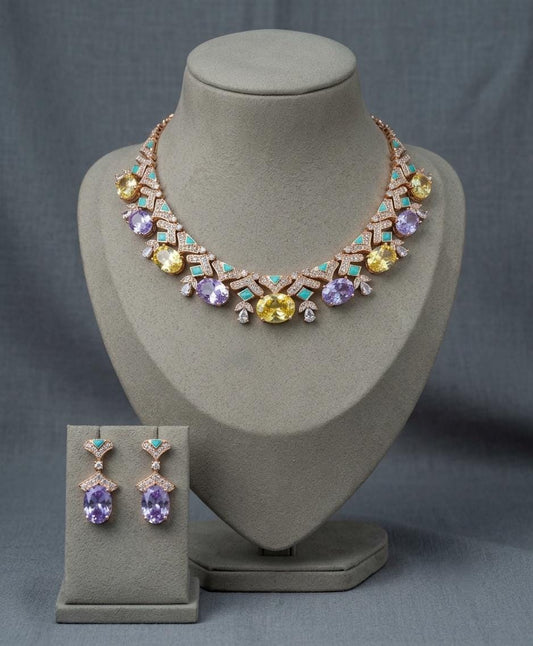 Multicolor CZ Bridal Necklace Set | Statement Choker & Earrings (Indian Wedding)