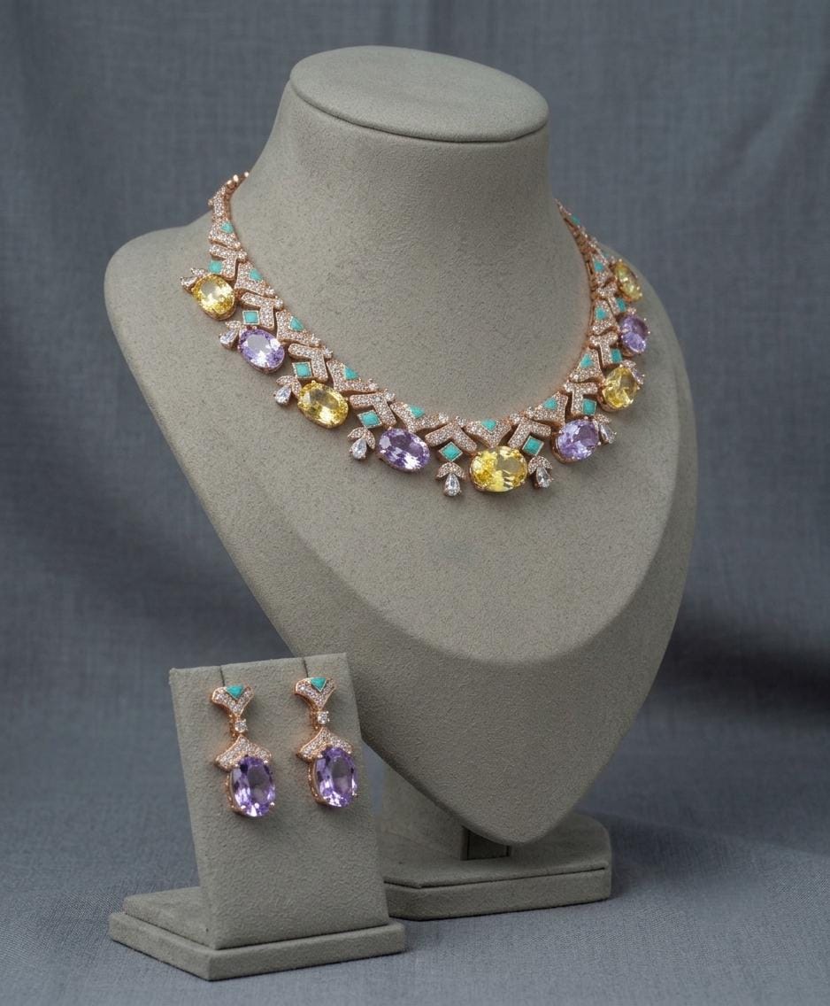Multicolor CZ Bridal Necklace Set | Statement Choker & Earrings (Indian Wedding)