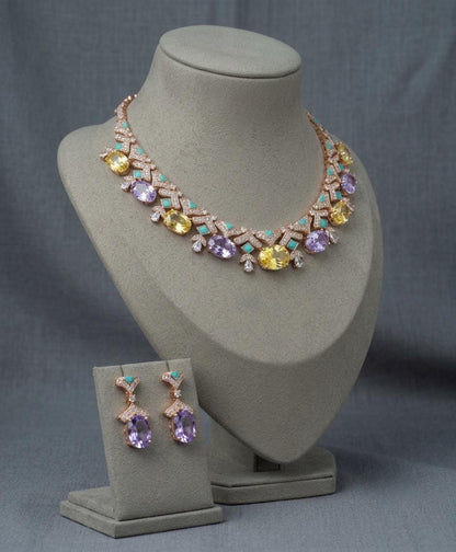 Multicolor CZ Bridal Necklace Set | Statement Choker & Earrings (Indian Wedding)