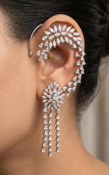 American Diamond CZ Statement Earrings | Cascading Floral Drop Design | Bridal Party Wear