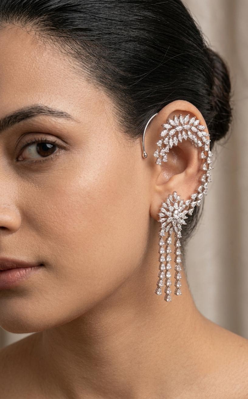American Diamond CZ Statement Earrings | Cascading Floral Drop Design | Bridal Party Wear