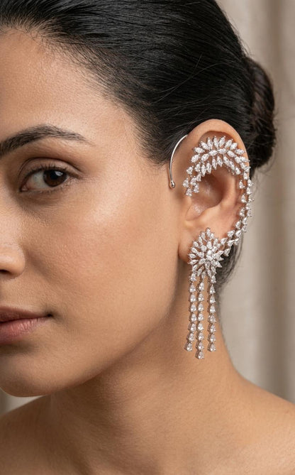 American Diamond CZ Statement Earrings | Cascading Floral Drop Design | Bridal Party Wear