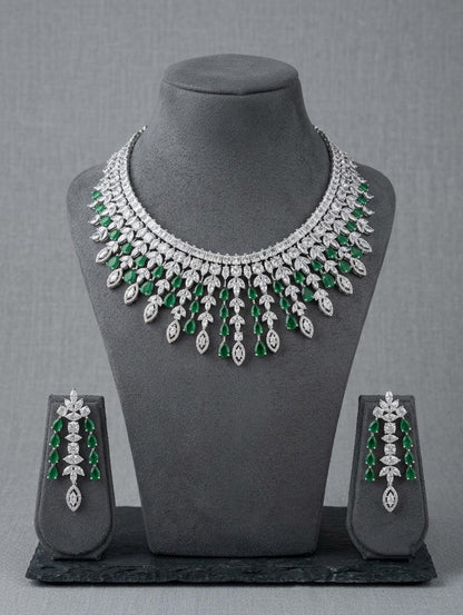 American Diamond CZ Bridal Necklace Set | Indian Wedding Jewelry (Clear/Green)