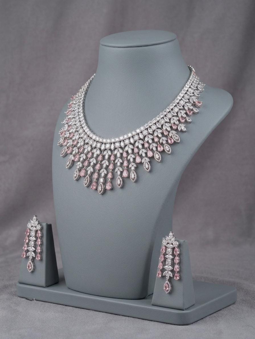 American Diamond CZ Bridal Necklace Set | Indian Wedding Jewelry (Clear/Green)