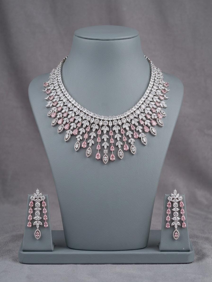 American Diamond CZ Bridal Necklace Set | Indian Wedding Jewelry (Clear/Green)