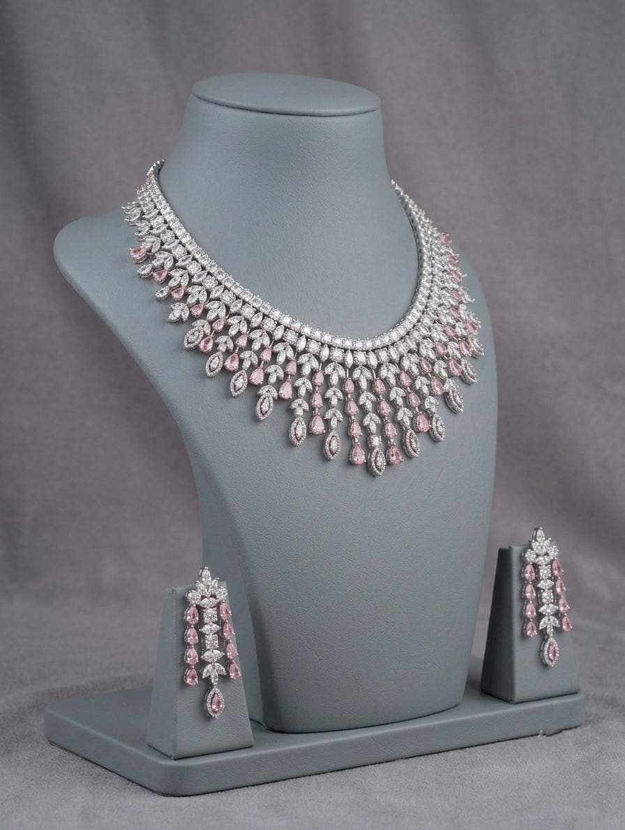 American Diamond CZ Bridal Necklace Set | Indian Wedding Jewelry (Clear/Green)
