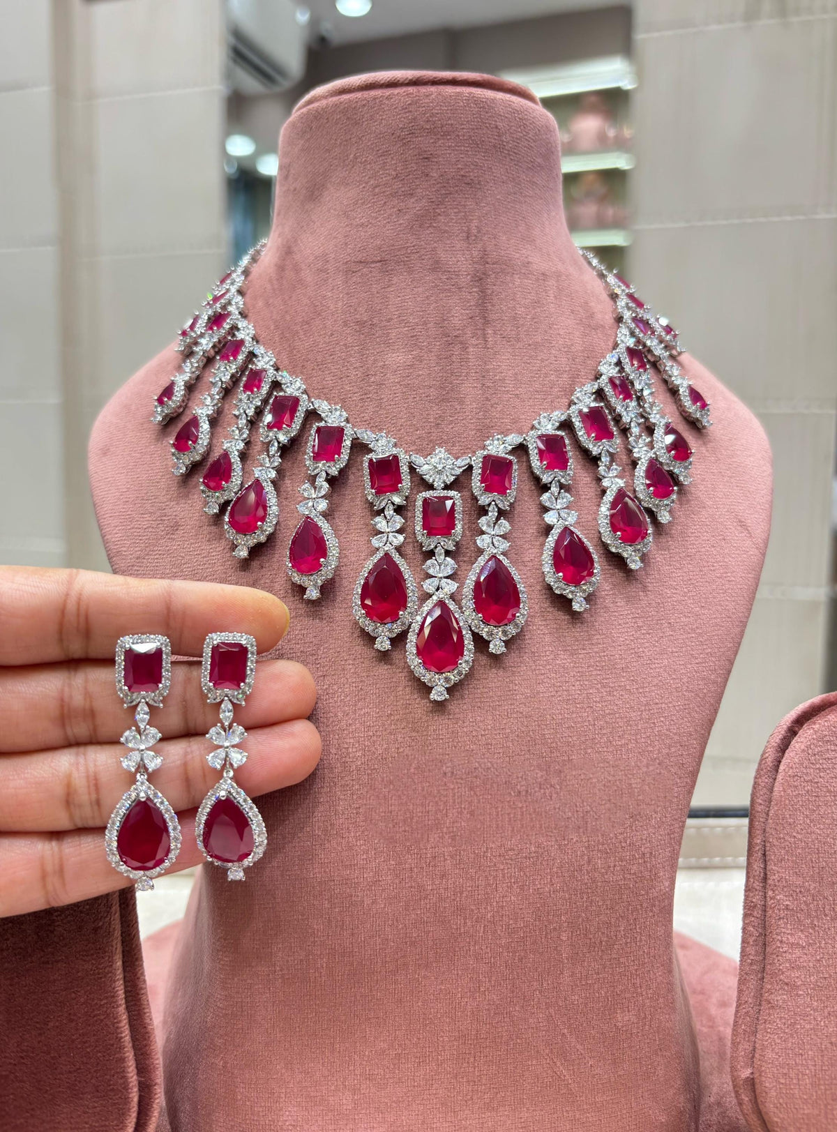 Indian Bridal Necklace Set, American Diamond CZ Choker, Matching Earrings (Ruby Red)