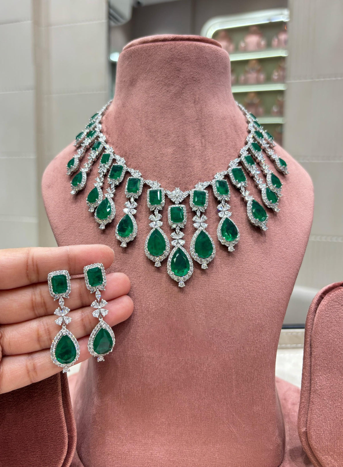 Indian Bridal Necklace Set, American Diamond CZ Choker, Matching Earrings (Ruby Red)