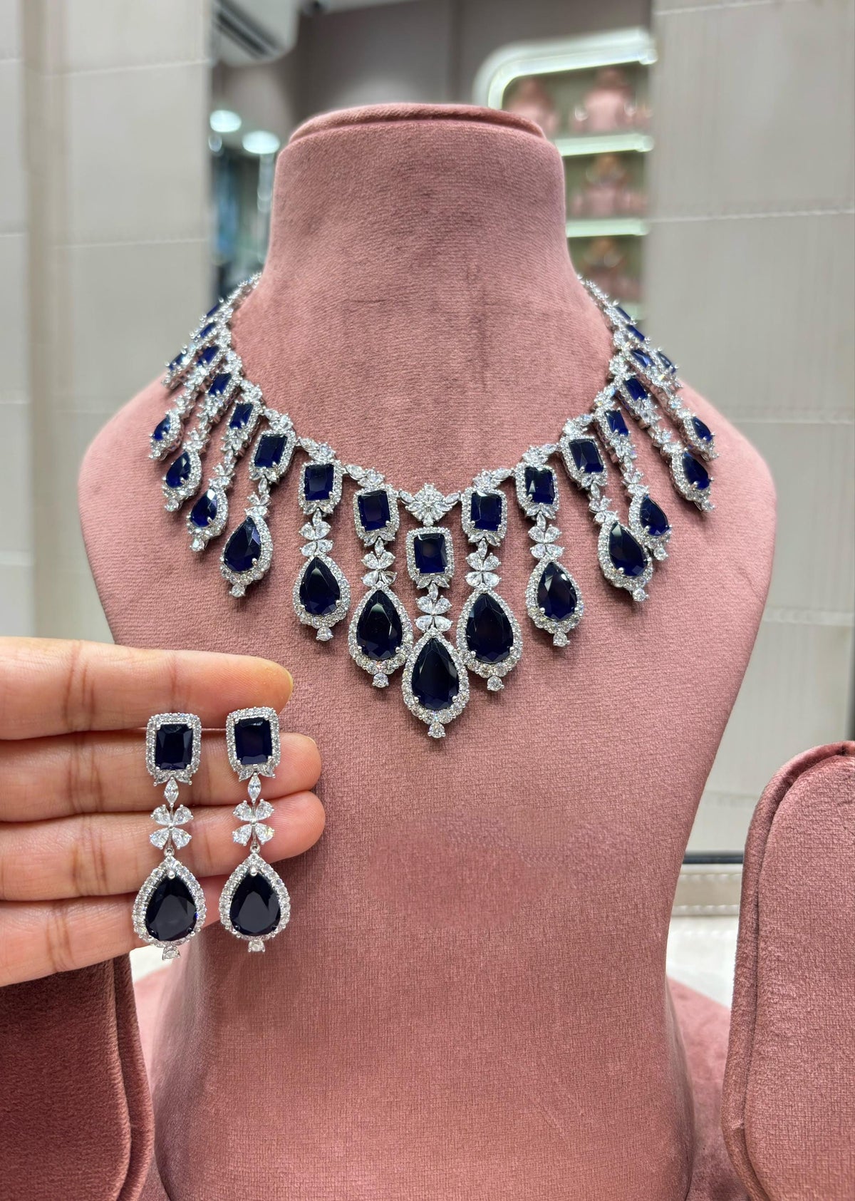 Indian Bridal Necklace Set, American Diamond CZ Choker, Matching Earrings (Ruby Red)