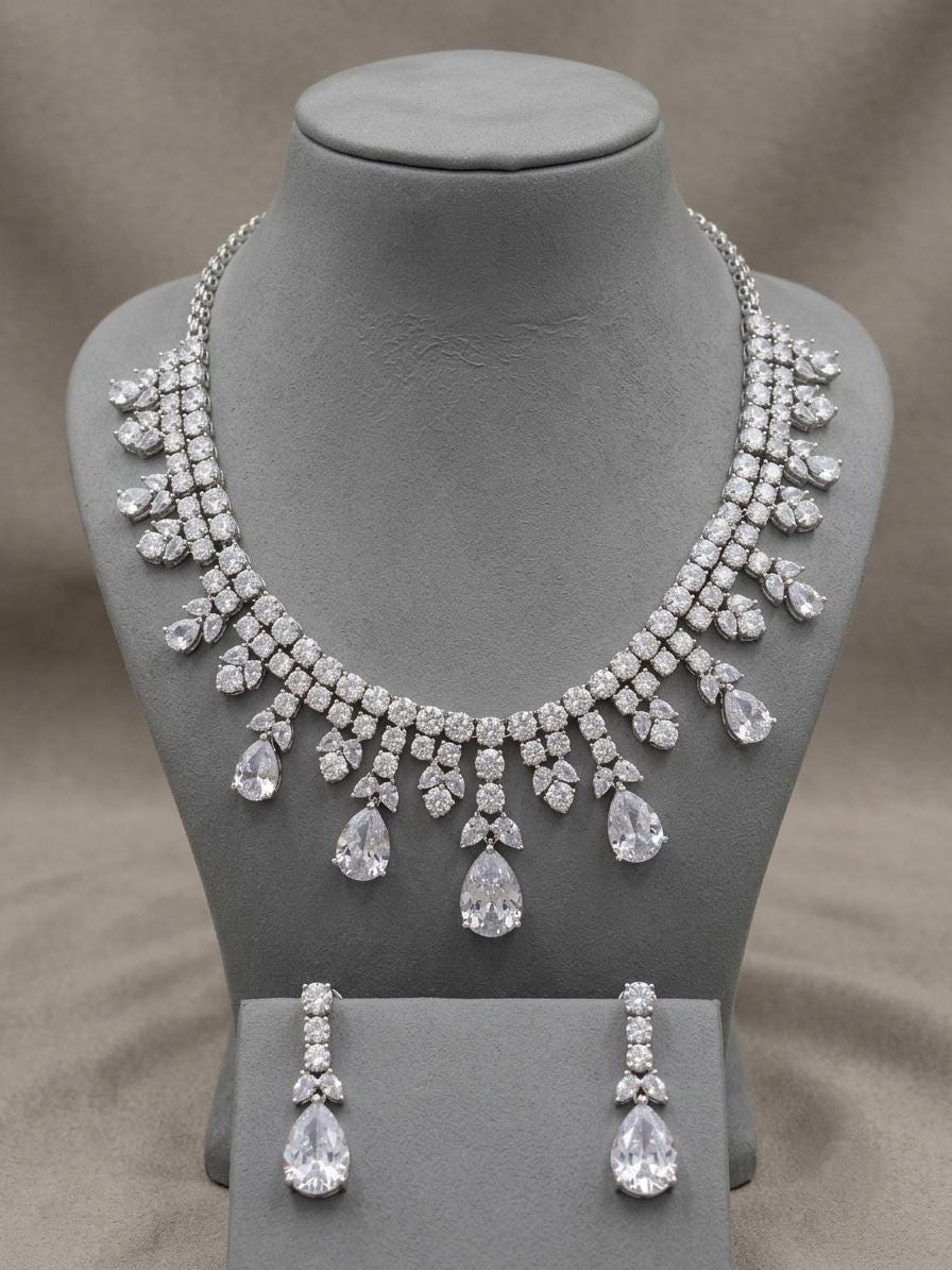 American Diamond Bridal Necklace Set, CZ Statement Jewelry, Indian Wedding Earrings
