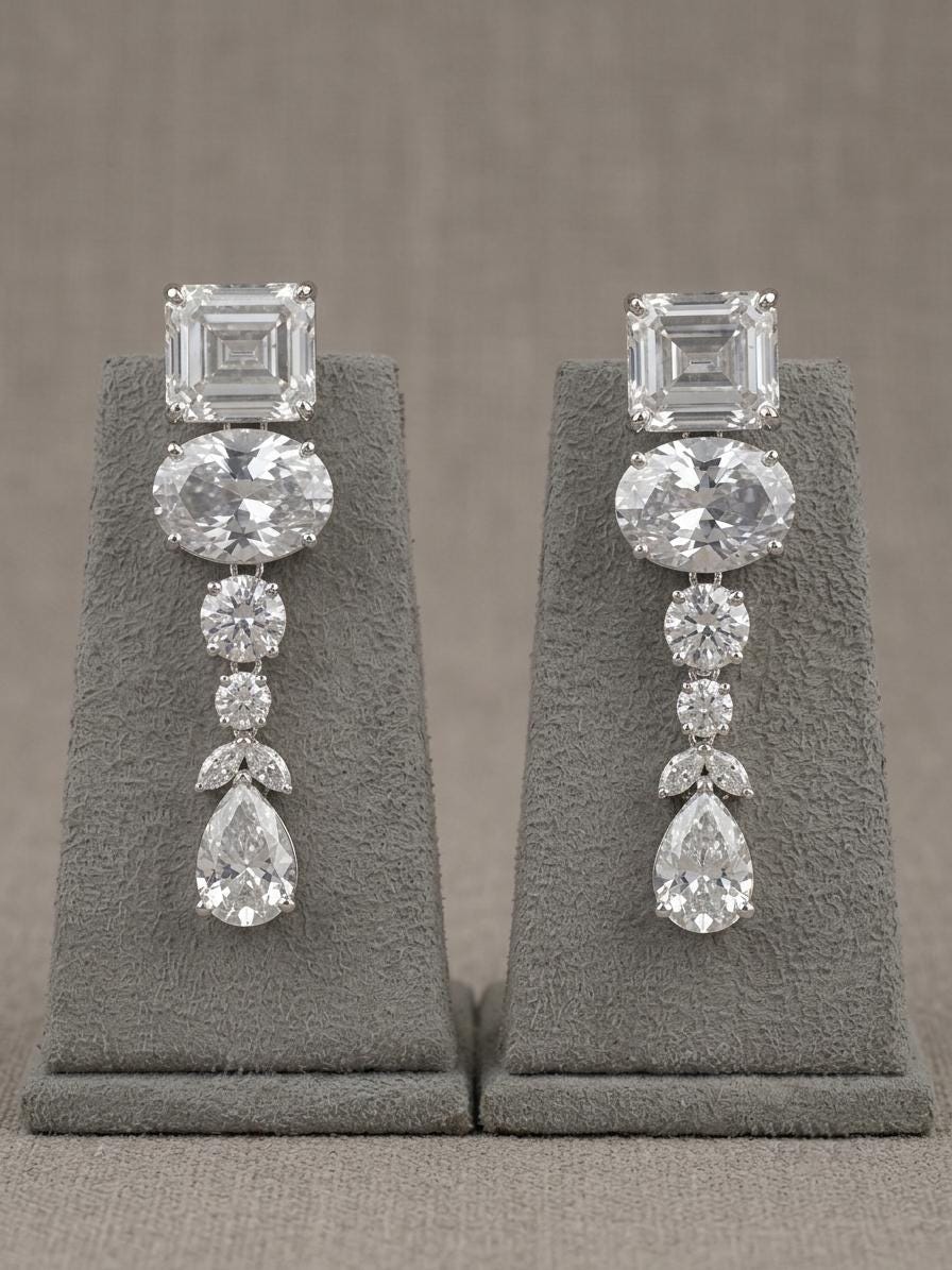 American Diamond Long Necklace Set, Indian Bridal Jewelry, CZ Statement Earrings