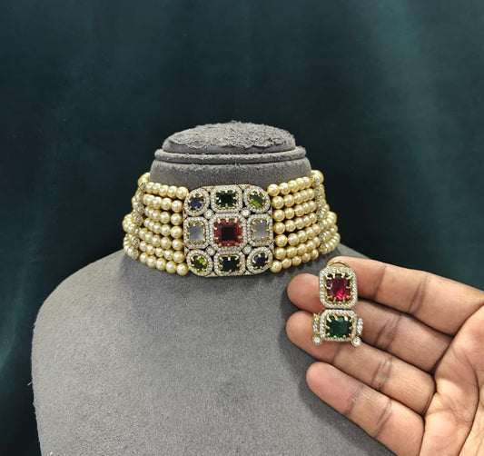 Indian Bridal Pearl Choker Necklace Set, Kundan Style Statement Jewelry