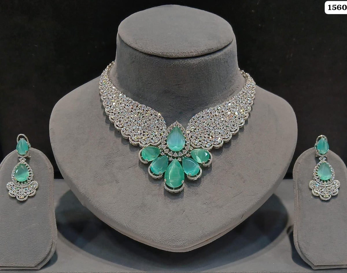 American Diamond Necklace Set with Earrings | Indian Bridal Jewelry, Green Teardrop Stones