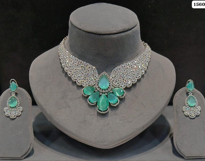 American Diamond Necklace Set with Earrings | Indian Bridal Jewelry, Green Teardrop Stones