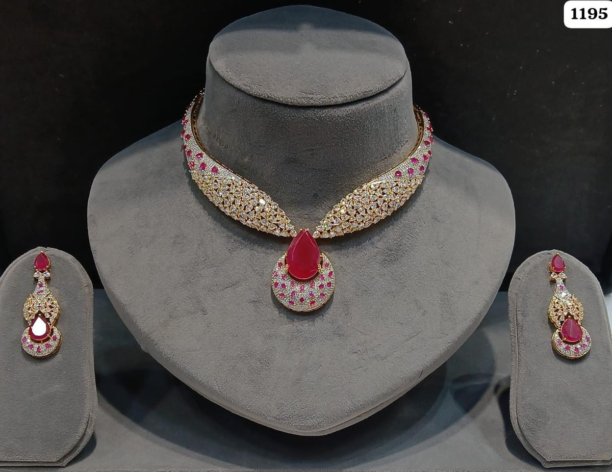 American Diamond Teardrop Necklace Set | Indian Bridal Jewelry, Statement Choker (Matching Earrings)