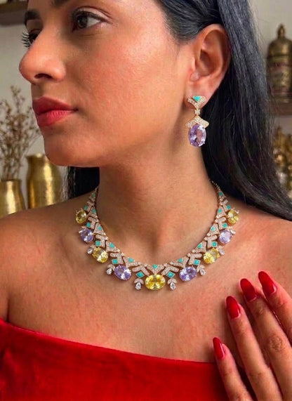Multicolor CZ Bridal Necklace Set | Statement Choker & Earrings (Indian Wedding)