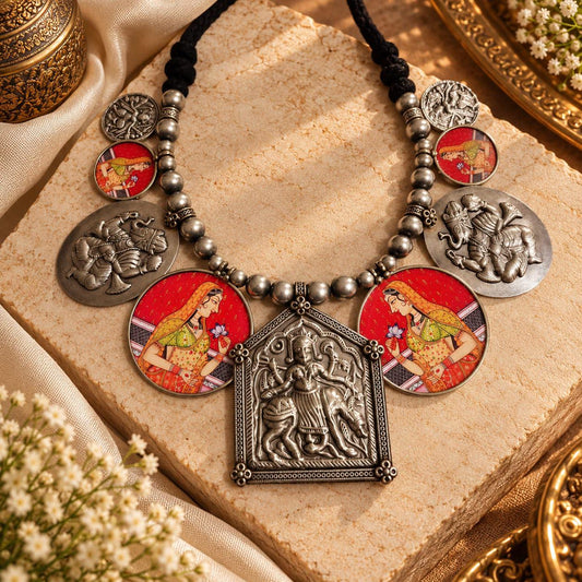Indian Temple Goddess Necklace | Oxidized Silver, Enamel Accents, Statement Jewelry