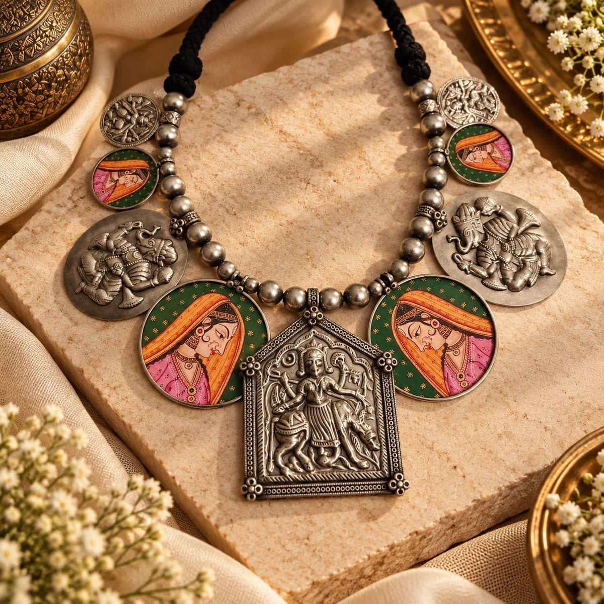 Indian Temple Goddess Necklace | Oxidized Silver, Enamel Accents, Statement Jewelry