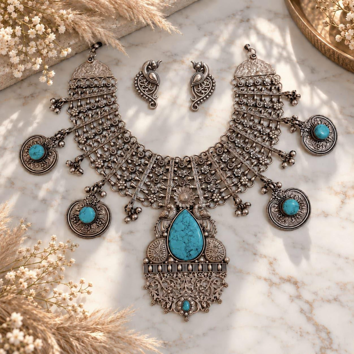 Oxidized Silver Indian Necklace Set | Turquoise Statement Choker with Earrings | Tribal Boho Jewelry