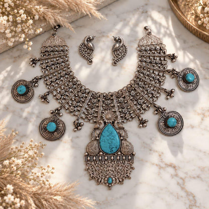 Oxidized Silver Indian Necklace Set | Turquoise Statement Choker with Earrings | Tribal Boho Jewelry