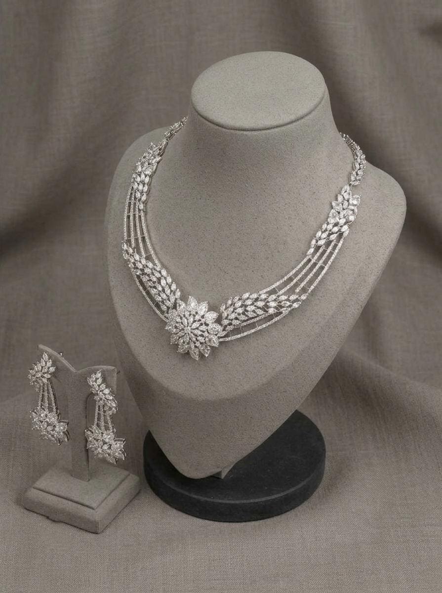 American Diamond Bridal Necklace Set | CZ Floral Statement Jewelry