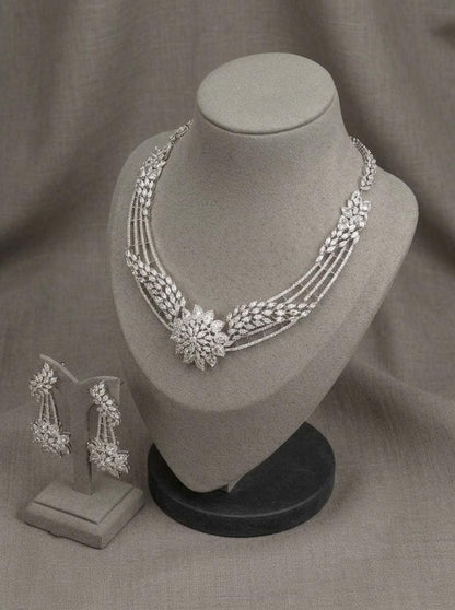 American Diamond Bridal Necklace Set | CZ Floral Statement Jewelry