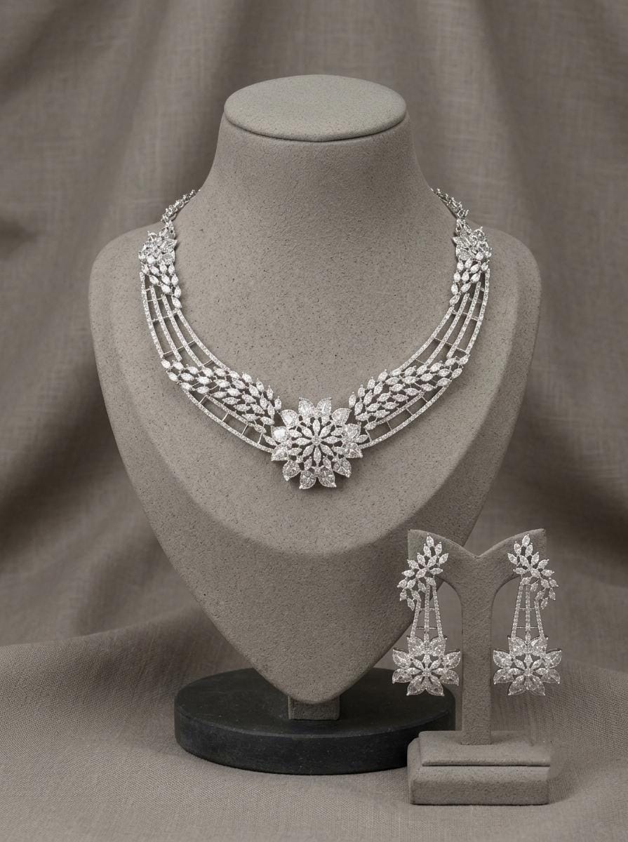 American Diamond Bridal Necklace Set | CZ Floral Statement Jewelry