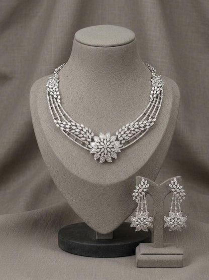 American Diamond Bridal Necklace Set | CZ Floral Statement Jewelry
