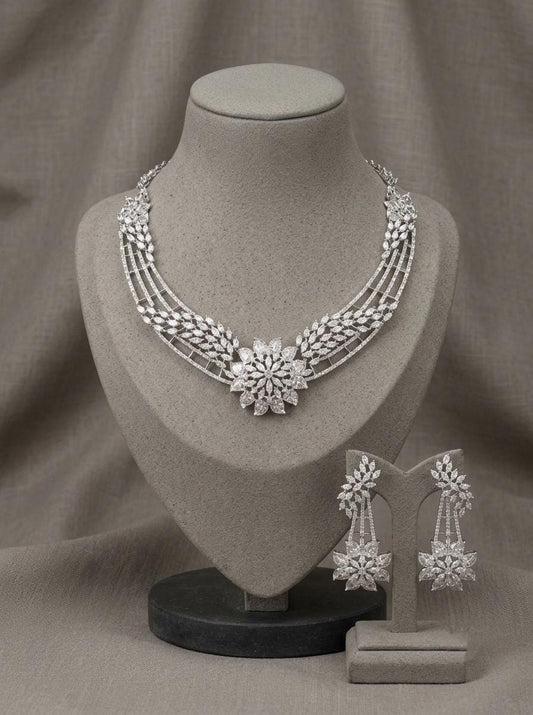 American Diamond Bridal Necklace Set | CZ Floral Statement Jewelry