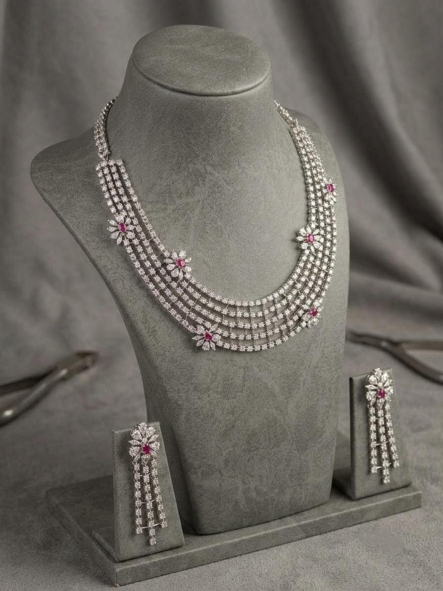 American Diamond Layered Necklace Set | Indian Bridal Jewelry (CZ)
