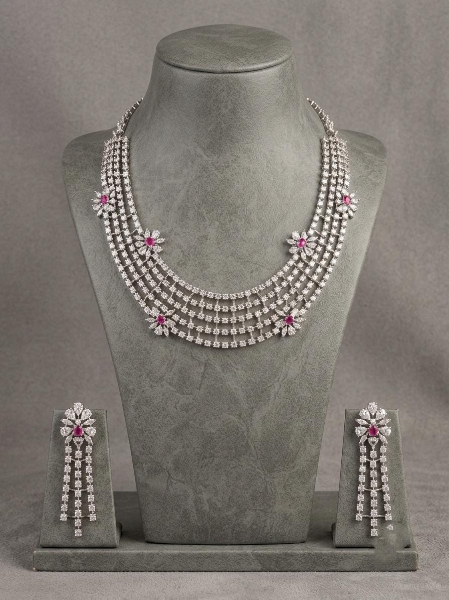 American Diamond Layered Necklace Set | Indian Bridal Jewelry (CZ)